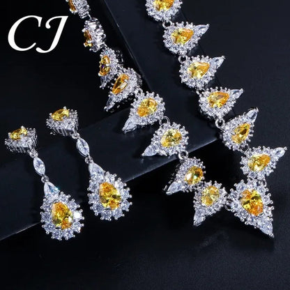 CANDICE Stunning Pave Yellow Citrine Luxury Jewelry Pear Shape CZ Crystal Choker Necklace And Earrings Bride Set for Women Party Wedding Accessories
