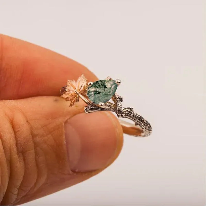 Antique Silver Maple Leaf Ring Women's Vintage Two Tone Twig And Leaf Moss Agate Ring Anniversary Gift Engagement Bridal Wedding Jewelry Rings Size 5-10