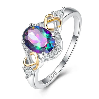 Fashion Wedding Bride Oval Cut Rainbow Blue Topaz Sapphire Ruby Gemstone Jewelry Ring