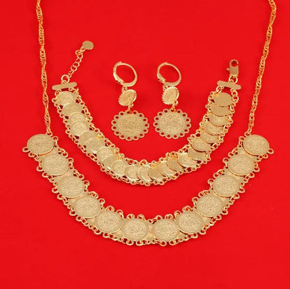Dubai Gold Plated Jewelry Set For Women African Ethiopian Jewelry Antique Coin Bracelet Earrings Necklace Set