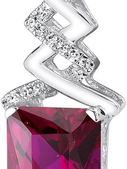 14K White Gold 4.06 Carats Created Ruby and Genuine Diamond Pendant, AAA Grade Radiant Cut Solitaire