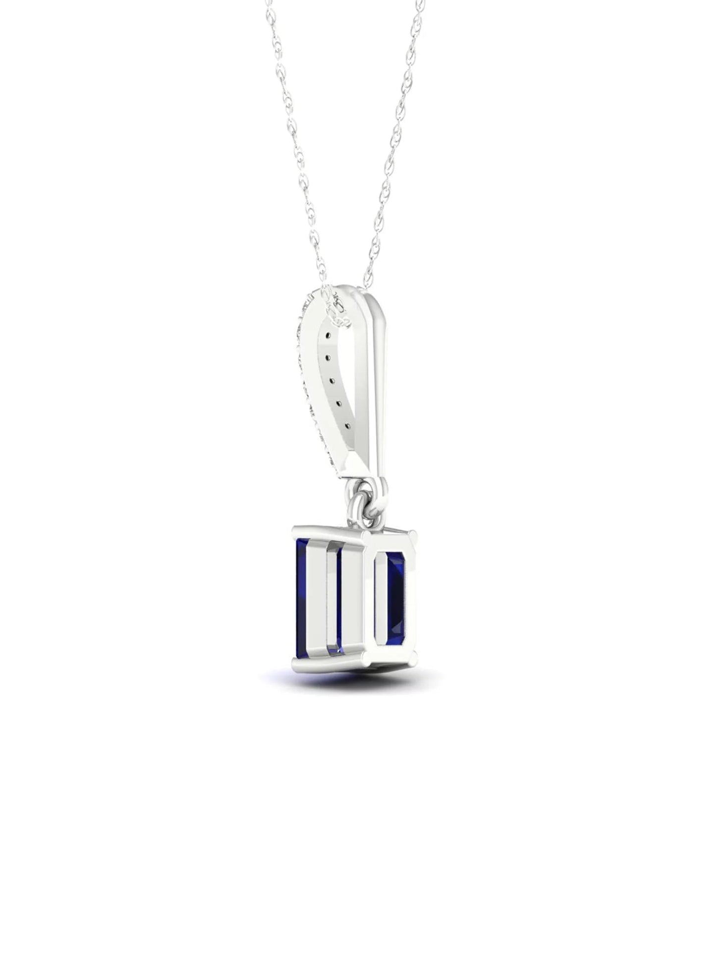 Gemstone 10K White Gold Emerald Cut Blue Sapphire 1/20 CT TW Diamond Halo Pendant Necklace