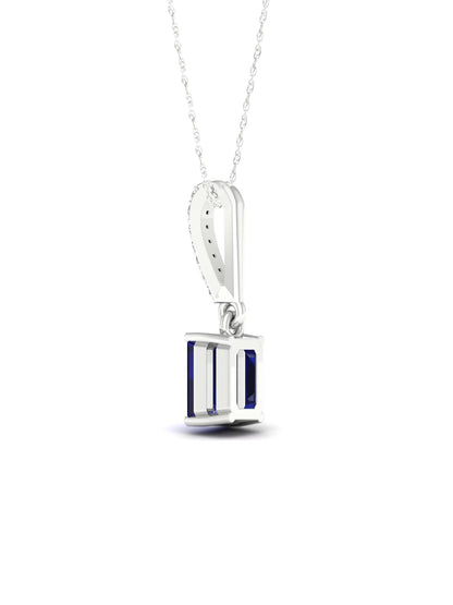 Gemstone 10K White Gold Emerald Cut Blue Sapphire 1/20 CT TW Diamond Halo Pendant Necklace