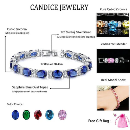 CANDICE Top Grade Blue Oval Women Silver Plated Jewelry Pave White Cubic Zirconia Noble Tennis Bracelet Bangles with Extended Clasp