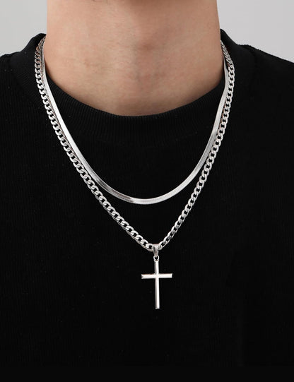 925 Sterling Silver Cross Necklace for Men - Waterproof Layered Sterling Silver Cross Pendant Necklaces Stainless Steel Cuban Link Herringbone Cross Chain Necklace Set Jewelry Gifts 16-30 Inches