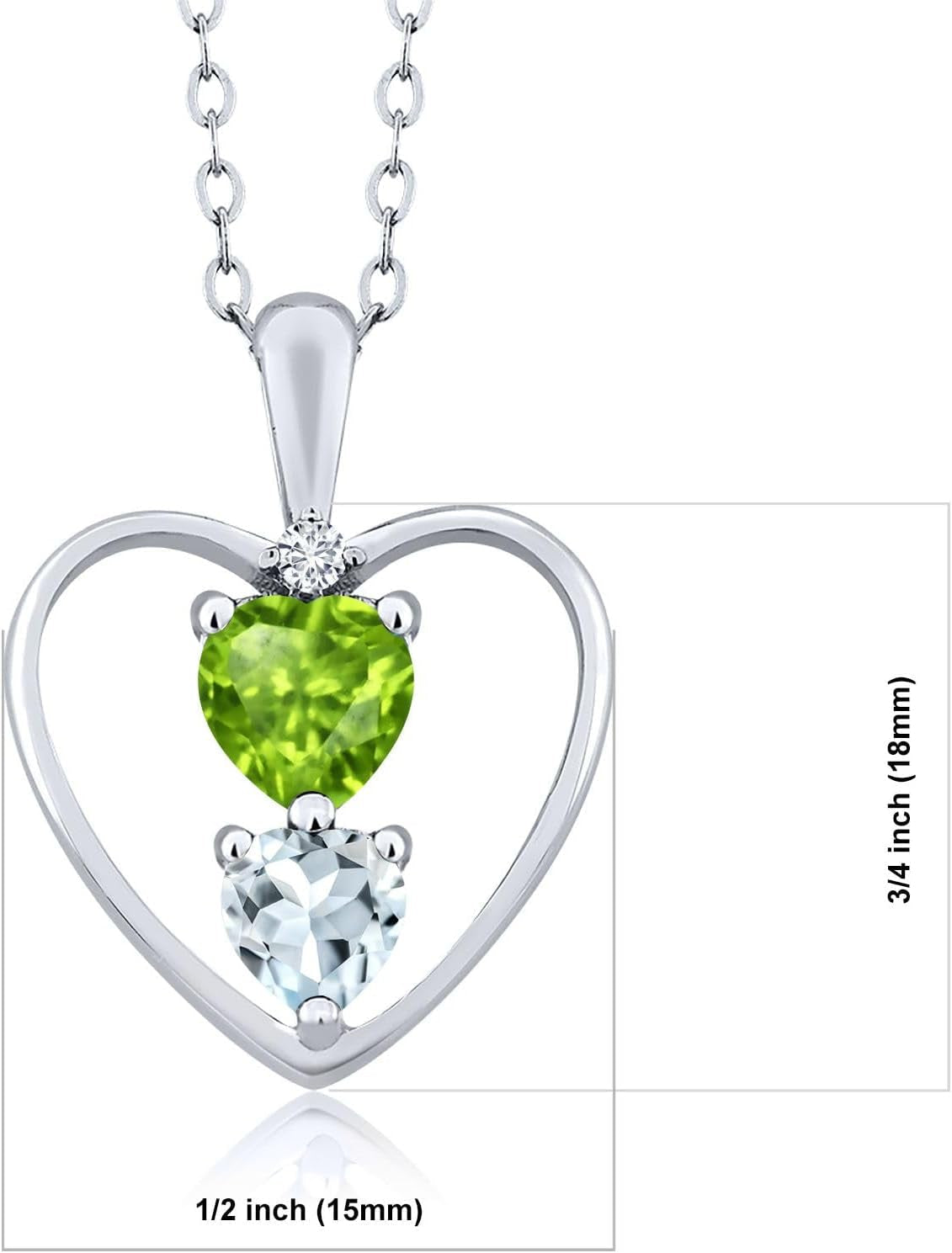 925 Sterling Silver Green Peridot Sky Blue Aquamarine and White Diamond Pendant Necklace for Women (0.67 Cttw, Gemstone August Birthstone, Heart 5MM and 4MM, with 18 Inch Silver Chain)