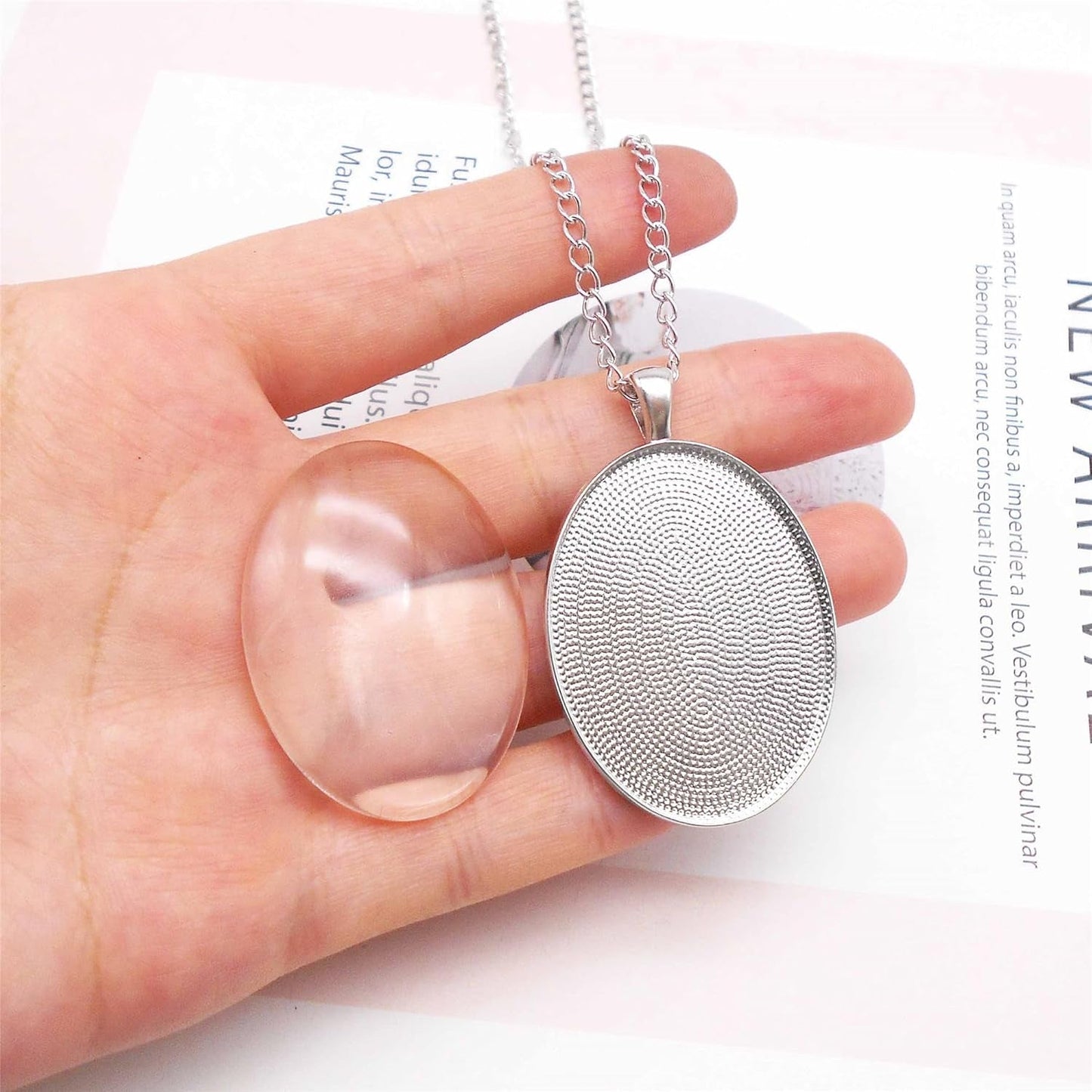 10 Sets Silver Color Oval Bezel Pendant Kit with Glass Cabochon Iron Chain for Necklace Jewelry Making 40X30Mm