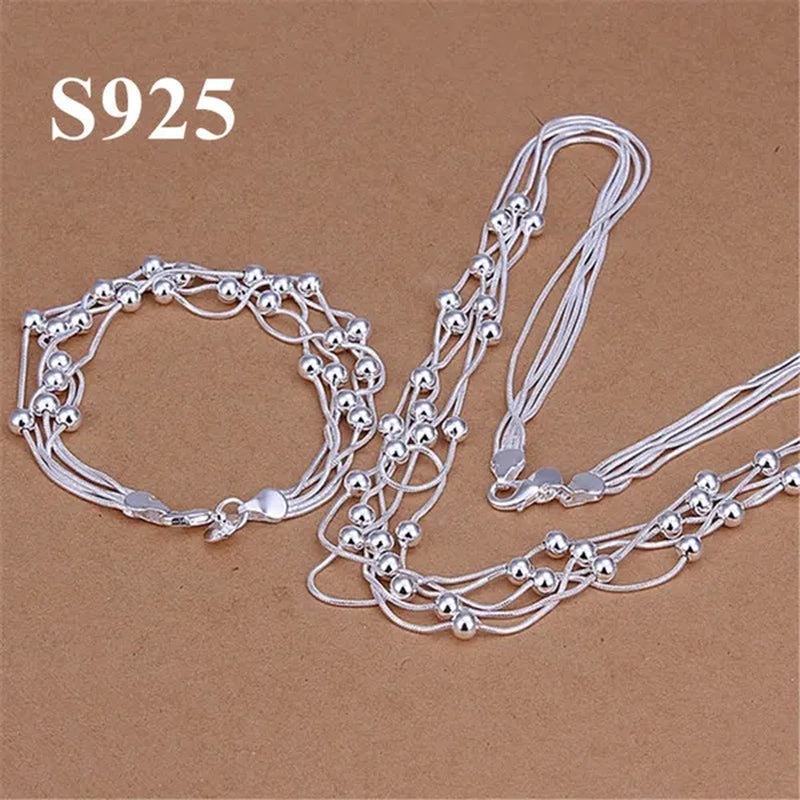 Women's charm 925 sterling Silver classic five chain beads Bracelets Elegant Necklace Bridal Wedding Jewelry Set