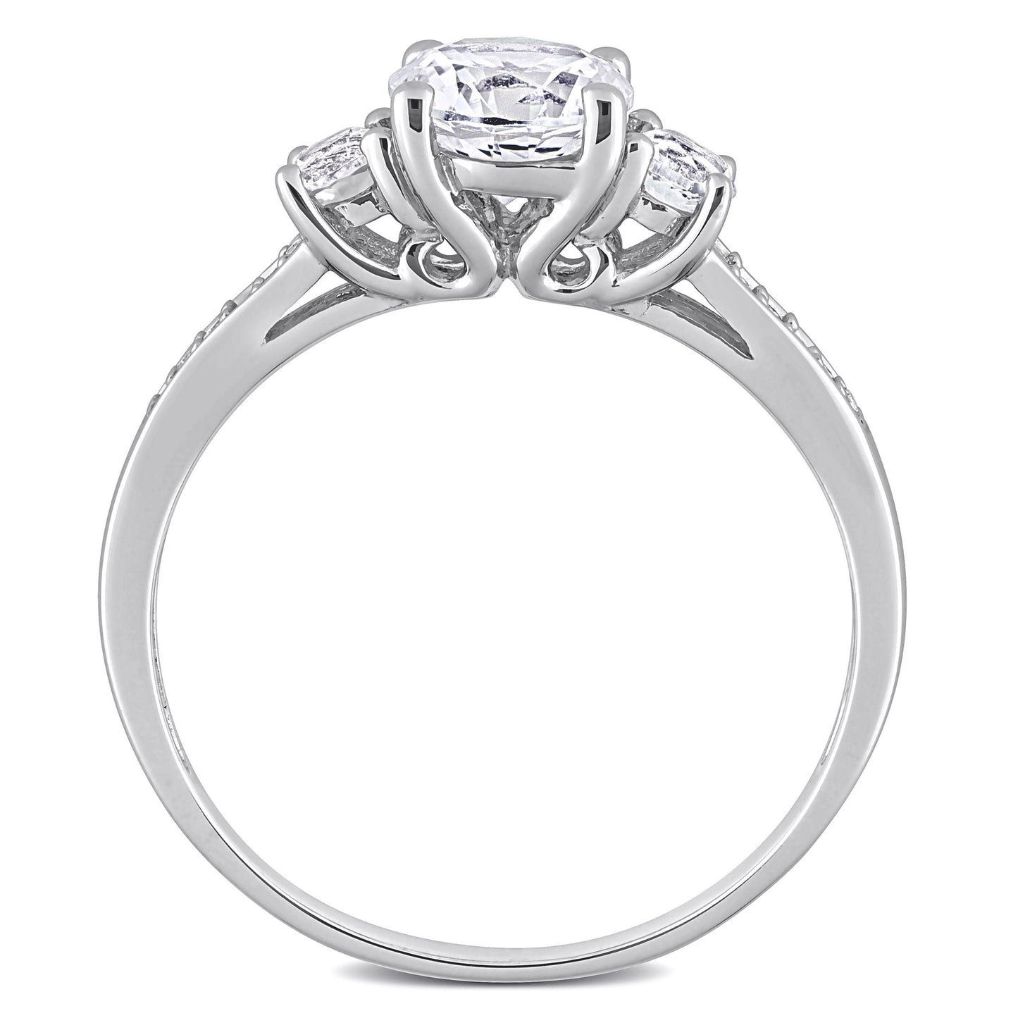 Women'S Engagement Anniversary Bridal 1 1/3 CT. round Created White Sapphire Round-Cut Diamond Accent (G-H, I2-I3) 10Kt White Gold 3-Stone Ring with 4 Prong/Pave Setting & Shoulder Diamonds