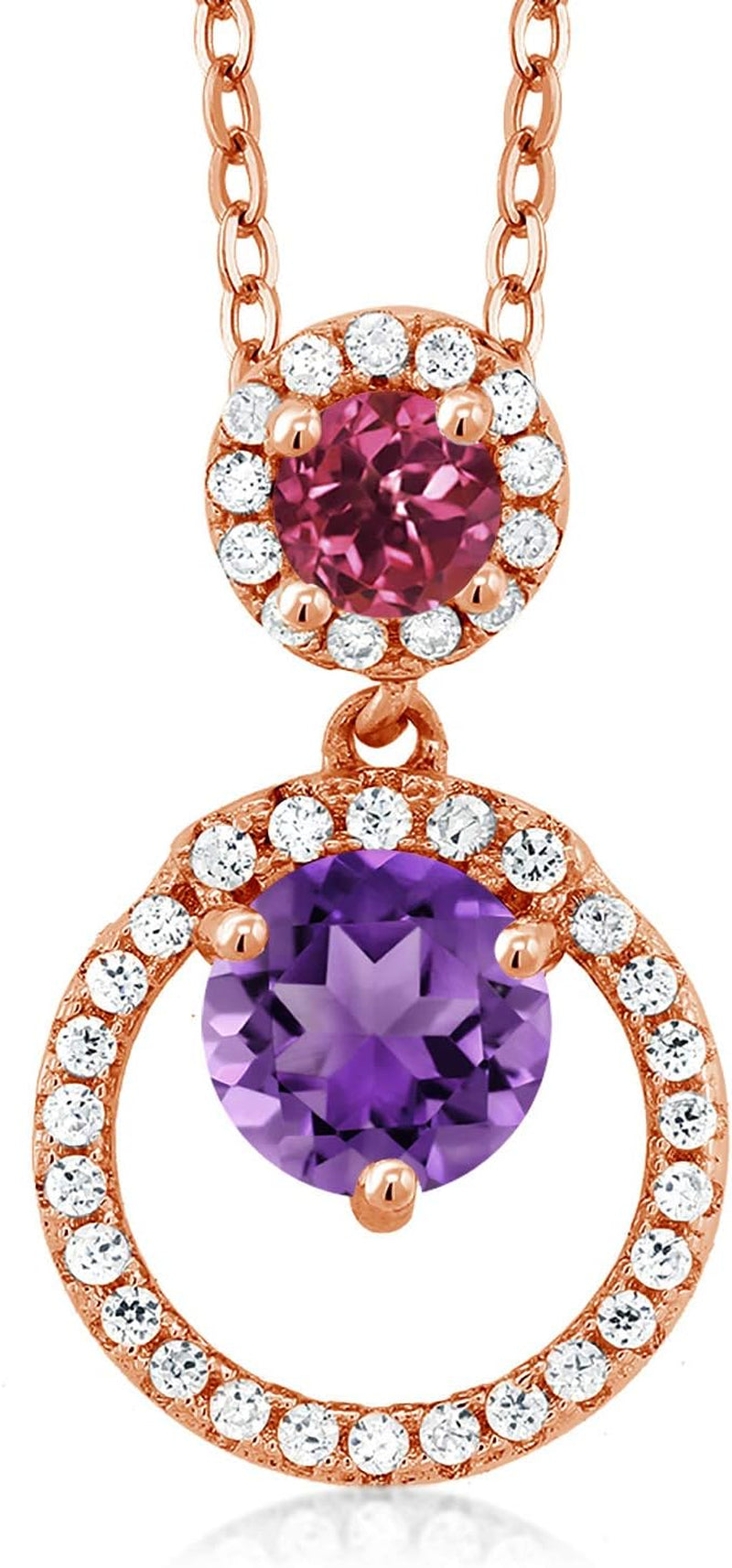 18K Rose Gold Plated Silver Purple Amethyst and Pink Tourmaline Pendant Necklace for Women (1.85 Cttw, Gemstone February Birthstone, round 6MM and 4MM)