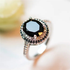 Luxury Oval Cut Black Sapphire White Diamond CZ Ring 925 Silver Solitaire Ring Engagement Wedding Gift for Women