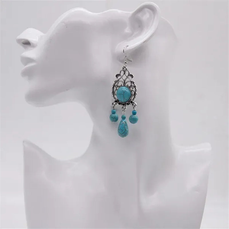 Retro Carved Turquoise Earrings Europe Exaggerated Sapphire Earrings Bohemian Pierced Earrings