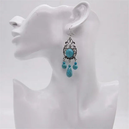 Retro Carved Turquoise Earrings Europe Exaggerated Sapphire Earrings Bohemian Pierced Earrings