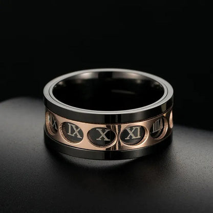 Roman Numerals Rotatable Black Rose Gold Titanium Steel Rotatable Spinner Ring for Men Jewelry Luck Finger Rings Wedding Band