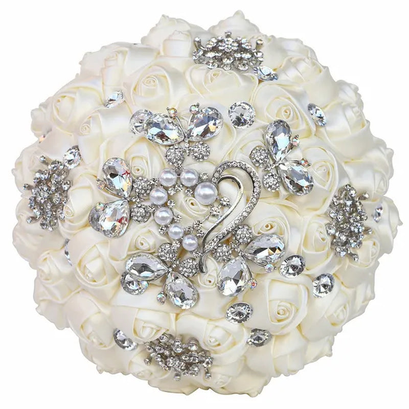 18CM Butterfly Love Diamond Brooch Bridal Bouquet Ribbon Silk Rose Wedding Simulation Flower Bouquet Handmade Bridesmaid Holding Flowers