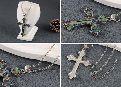 Vintage Inspired Silvery Tone Abalone Shell Religious Cross Pendant Necklace