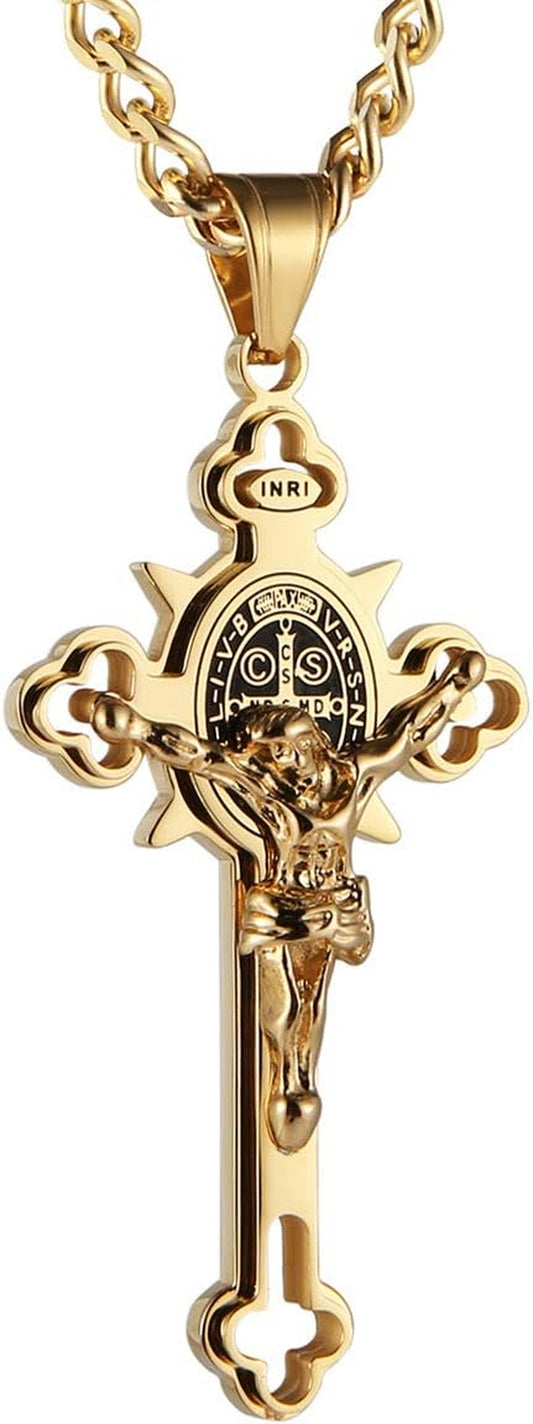 Religion Stainless Steel Saint St St. Benedict Crucifix Cross Pendants Necklace INRI