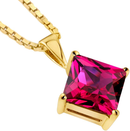 Created Ruby Pendant in 14 Karat Yellow Gold, Classic Solitaire, Princess Cut, 8Mm, 3 Carats Total