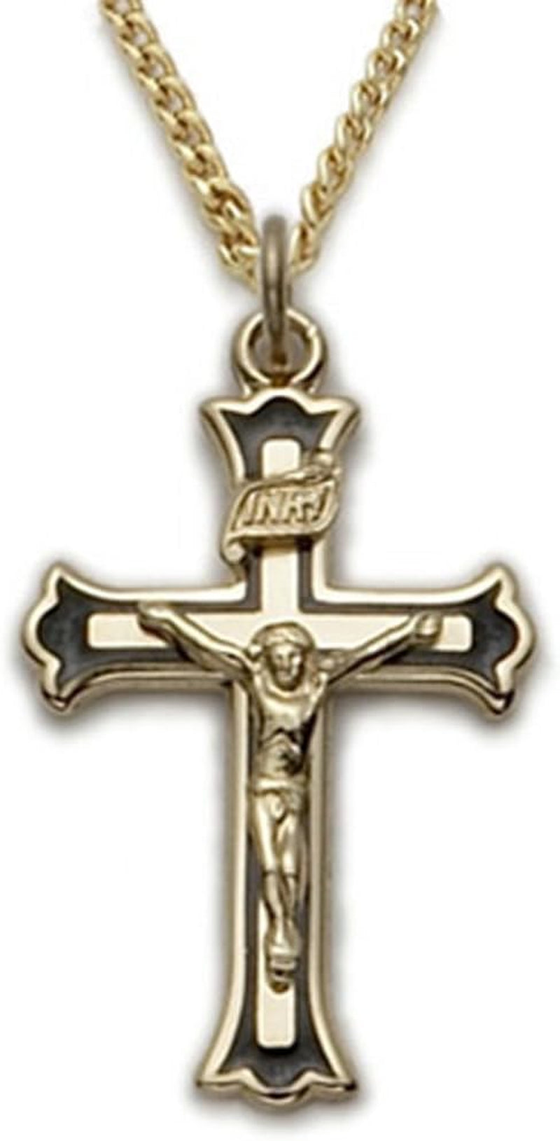 14KT Gold-Plated Sterling Silver Crucifix Cross Pendant Necklace Black Enameled, Religious Jewelry, 1 Inch