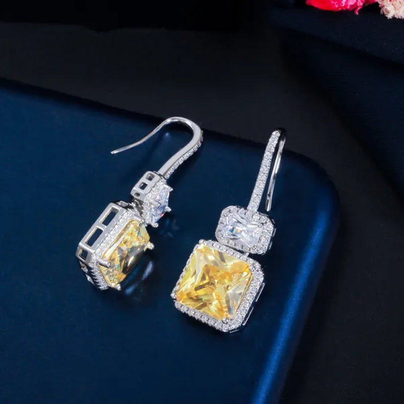 Gloriya Brilliant Sparkly Micro Cubic Zirconia Pave Citrine Square Drop Dangle Hook Earrings Jewelry for Women Fashion Accessory