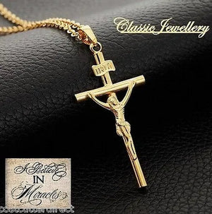18K GOLD FILLED JESUS CHRIST CRUCIFIX CROSS PENDANT CHAIN NECKLACE WHITE GOLD PLATED