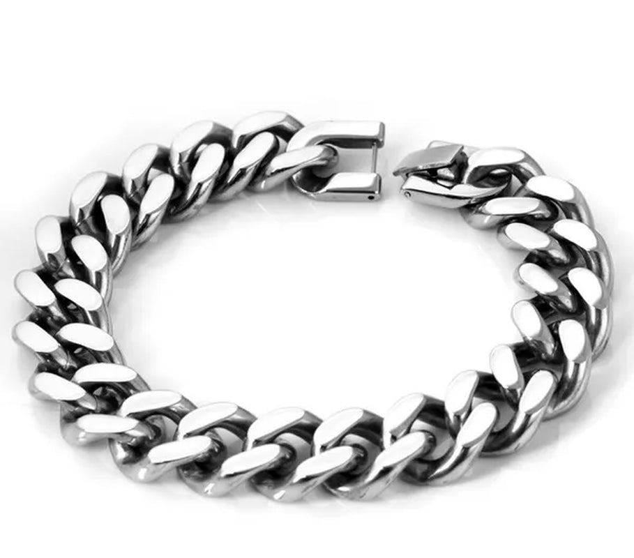 New Heavy Silver Tone 316L Stainless Steel Curb Chain Men's Fashion Bracelet 9"