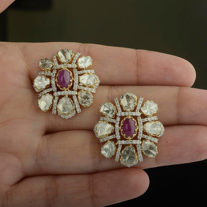Solid 18K Yellow Gold Genuine Cabochon Ruby Diamond Art Deco Stud Earrings Certified Polki Diamond Earrings for Women