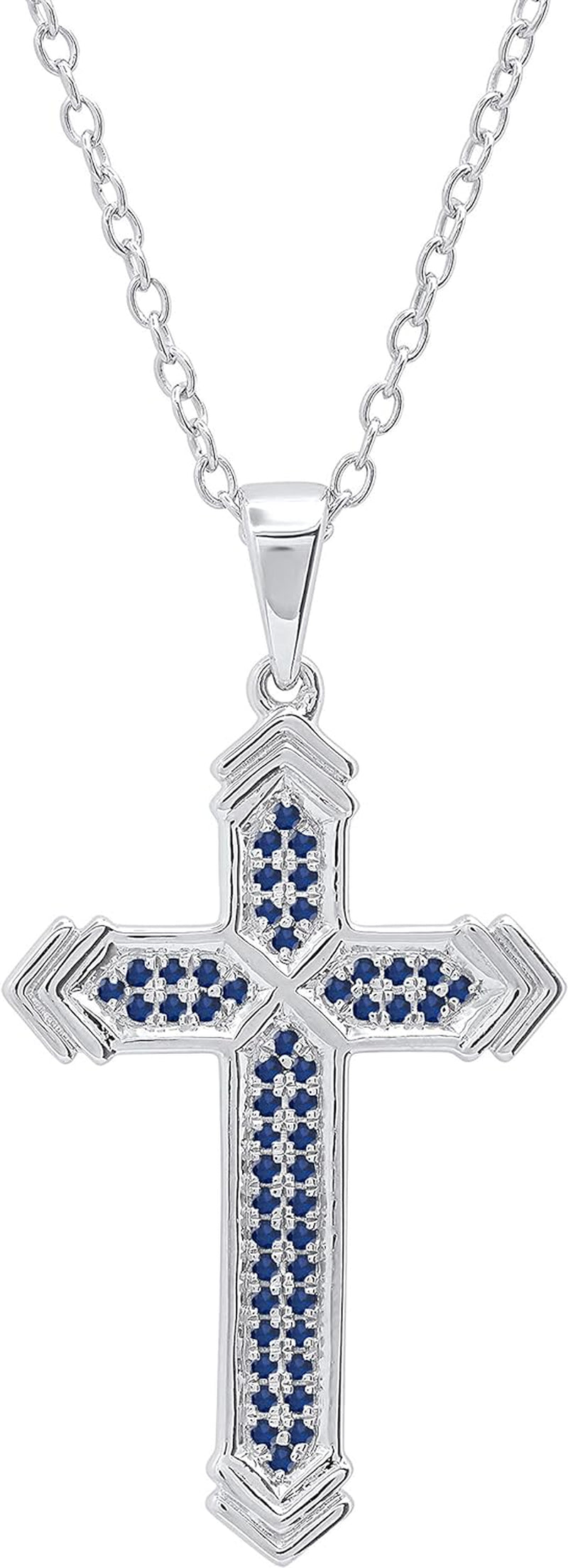 round Blue Sapphire Unisex Divine Cross Pendant in 925 Sterling Silver
