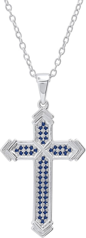 round Blue Sapphire Unisex Divine Cross Pendant in 925 Sterling Silver