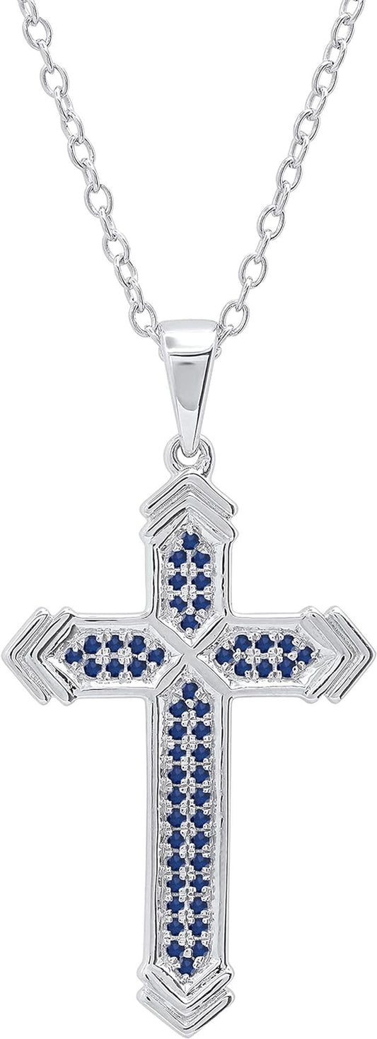 round Blue Sapphire Unisex Divine Cross Pendant in 925 Sterling Silver