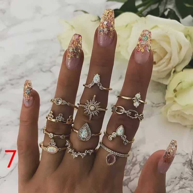 10Style Retro Beauty Avatar Coin Cross Ring Set Pattern Love Fatima Palm Ring Set for Women