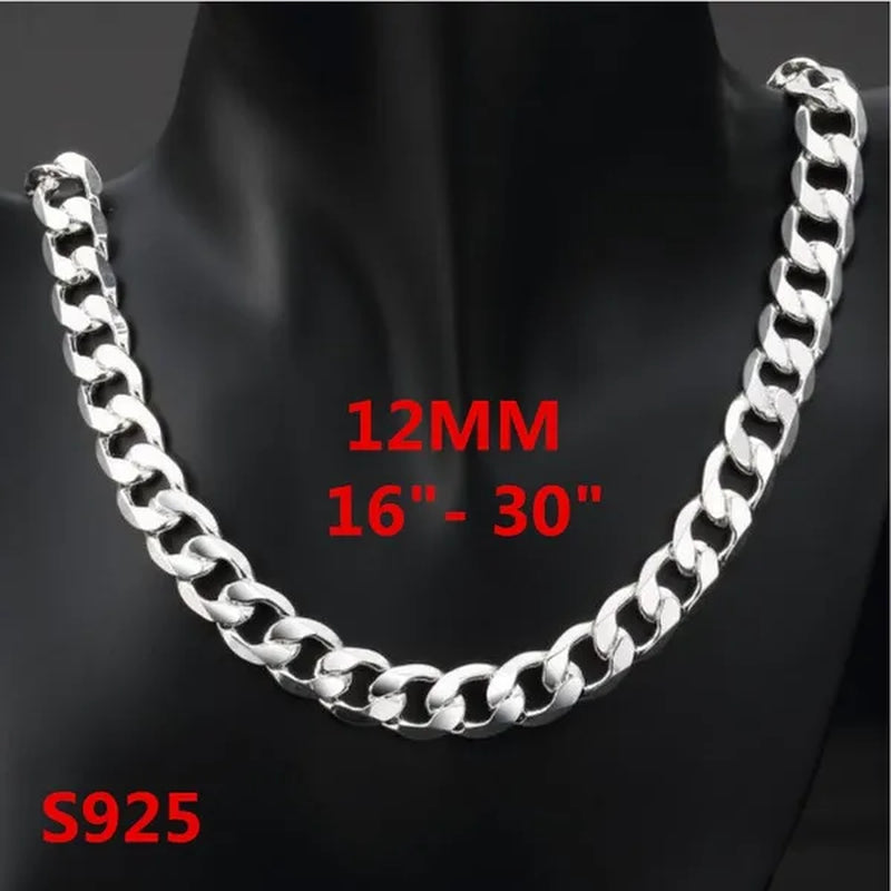 Wholesale! Prefect! Hot New High Quality 925 Sterling Silver Fashion Jewelry 12MM Men's 925 Solid Silver Curb Chain Necklace 16/18/20/22/24/26/28/30 inch