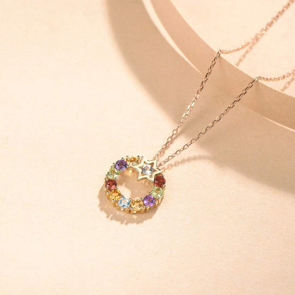 14K Solid Yellow Gold Sapphire Topaz Amethyst Garnet Peridot Citrine Multigemstone round Open Circle Pendant Necklace Gift for Her Mom Women, 16" + 2" Extender