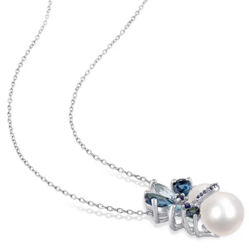 7-9 Mm round Freshwater Cultured Pearl with Blue Topaz and Sapphire Pendant in Sterling Silver