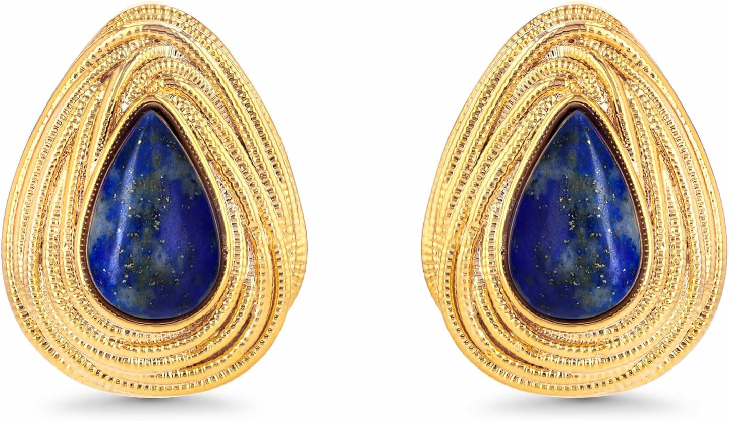 Dainty Oval Triangle Textured Blue Gold Lapis Lazuli Gemstone Statement Earrings for Women by , Small Vintage Button Chunky Bold Handmade Natural Exaggerated Retro Trendy Bohemian Jewelry Gifts, Unique Baroque Stone Summer Beach Fashion Stud Earrings Acce