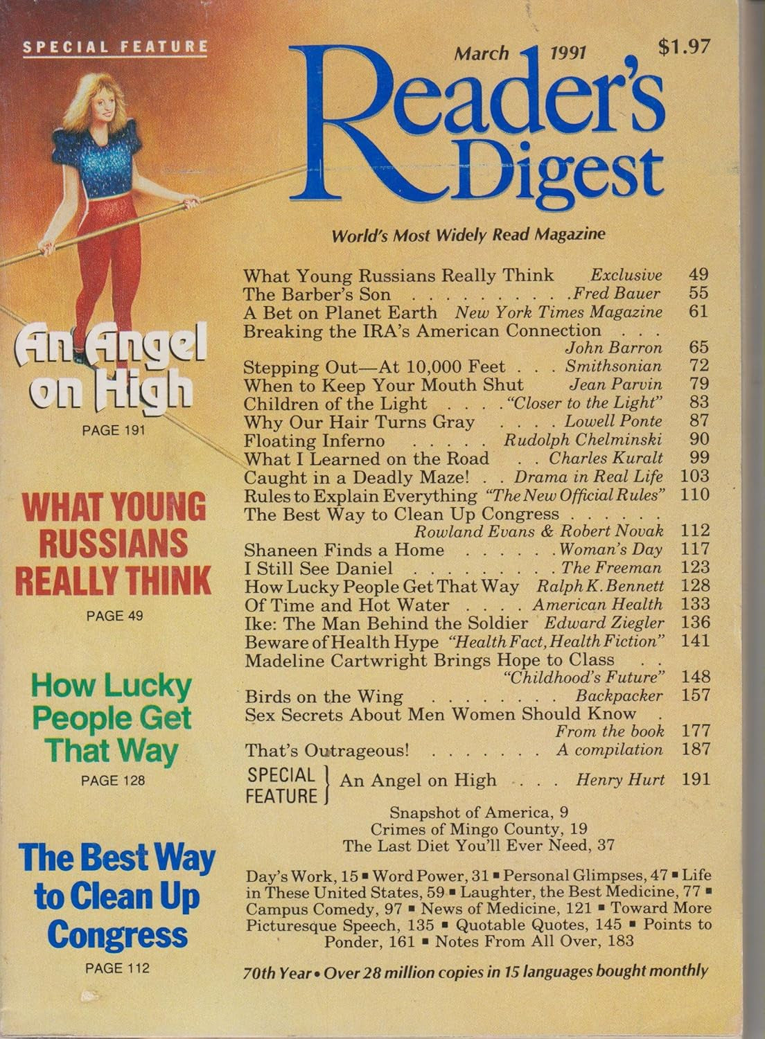Reader'S Digest March 1991 an Angel on High, What Young Russians Really Think; How Lucky People Get That Way