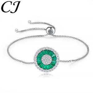 CANDICE Fashion Green round Charm Adjustable Slider Bracelet Bangle for Women White Gold Plated Cubic Zirconia Jewelry