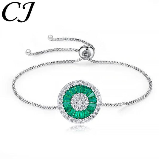 CANDICE Fashion Green round Charm Adjustable Slider Bracelet Bangle for Women White Gold Plated Cubic Zirconia Jewelry