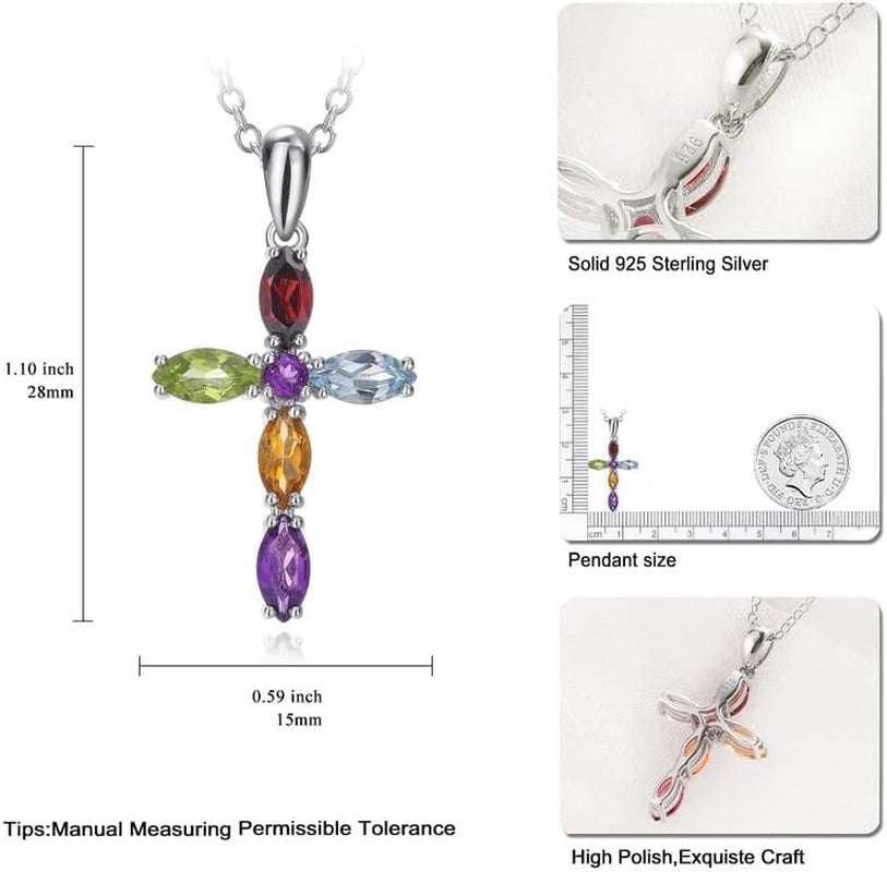 Womens Cross Pendant Necklace 925 Sterling Silver Natural Amethyst Peridot Turquoise Religious Necklace Jewelry
