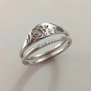 2Pcs/Set Women'S Fashion Jewelry Exquisite 925 Sterling Silver Ring Personality Carved Rose Flower Stackable Diamond Wedding Rings Set Beautiful Princess Bride Proposal Engagement Cocktail Party Accessories Anniversary Gift Size US4-12 Bague Femme