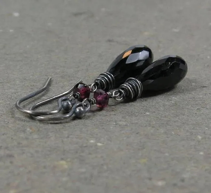 Black Spinel Earrings Pink Tourmaline Long Earrings