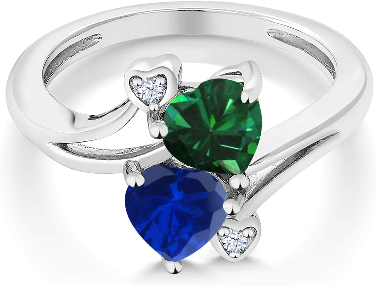 925 Sterling Silver Green Nano Emerald Blue Created Sapphire Ring for Women (1.51 Cttw, Heart Shape 6MM, Gemstone May Birthstone, Available in Size 5, 6, 7, 8, 9)