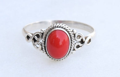 Red Coral Stone Ring 925 Sterling Silver Statement Ring for Women Handmade Rings Gemstone Christmas Promise Ring Size US 8 Gift for Her