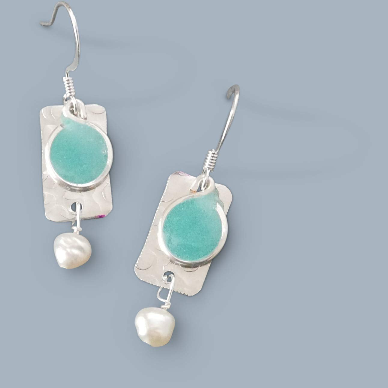 Handmade Lightweight Sapphire Blue and White Pearl Rectangle Drop Womens Earrings
