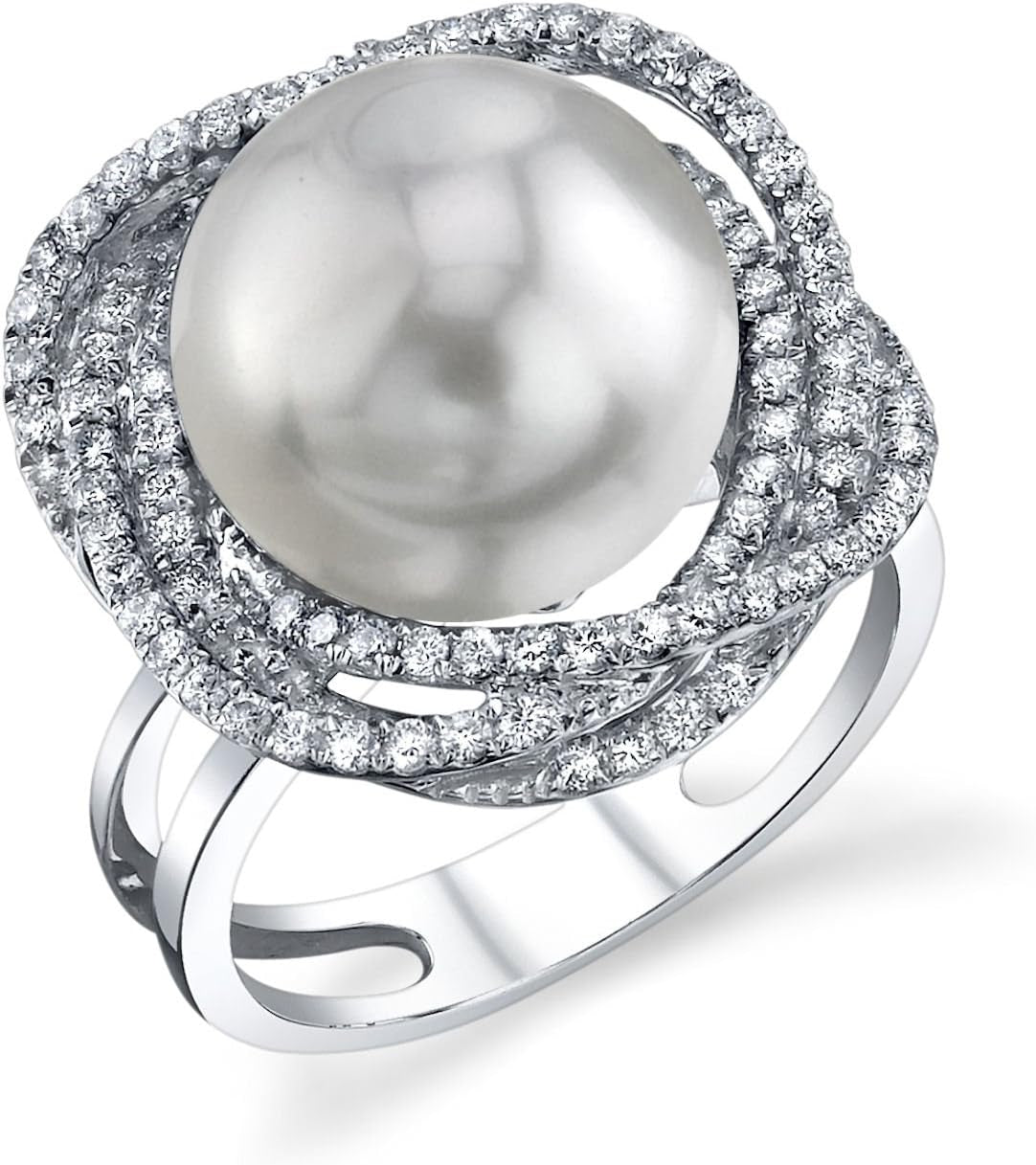 18K Gold 12-13Mm round Genuine White South Sea Cultured Pearl & Diamond Braided Ring for Women
