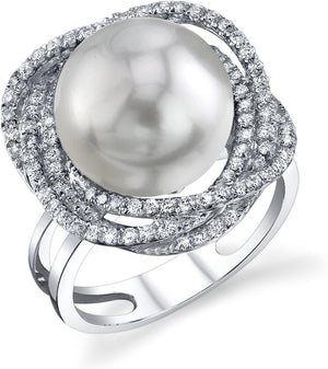 18K Gold 12-13Mm round Genuine White South Sea Cultured Pearl & Diamond Braided Ring for Women