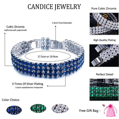 CANDICE Exquisite Hand-Inlay 3 Rows Round Cut Shining CZ Silver Plating Wide Bracelets Bangles High Quality Female Wedding Party Jewelry