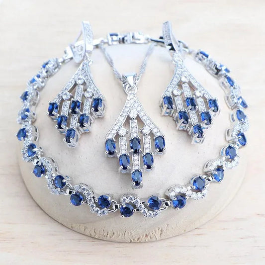 Blue/Red/Green/Purple Zircon 925 Silver Jewelry Set For Women