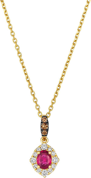 0.15 Carat Diamond and 1/4 Carat Red Ruby Oval Halo Pendant Necklace for Women in 14K Yellow Gold (White/Fancy Brown, Cttw) on 18 Inch Chain