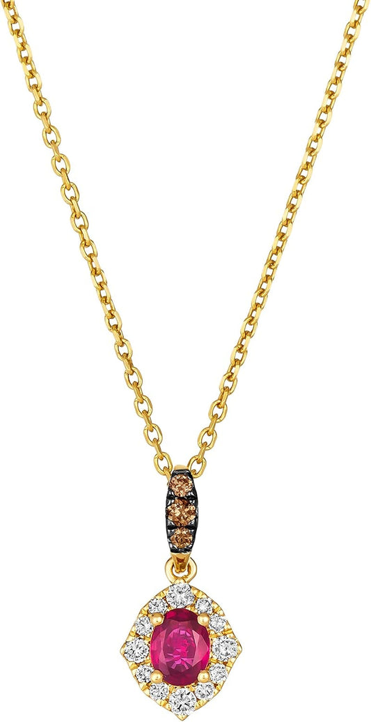 0.15 Carat Diamond and 1/4 Carat Red Ruby Oval Halo Pendant Necklace for Women in 14K Yellow Gold (White/Fancy Brown, Cttw) on 18 Inch Chain